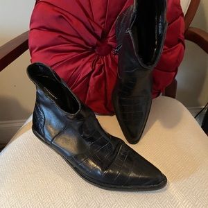 Black croc skin low heel ankle boot